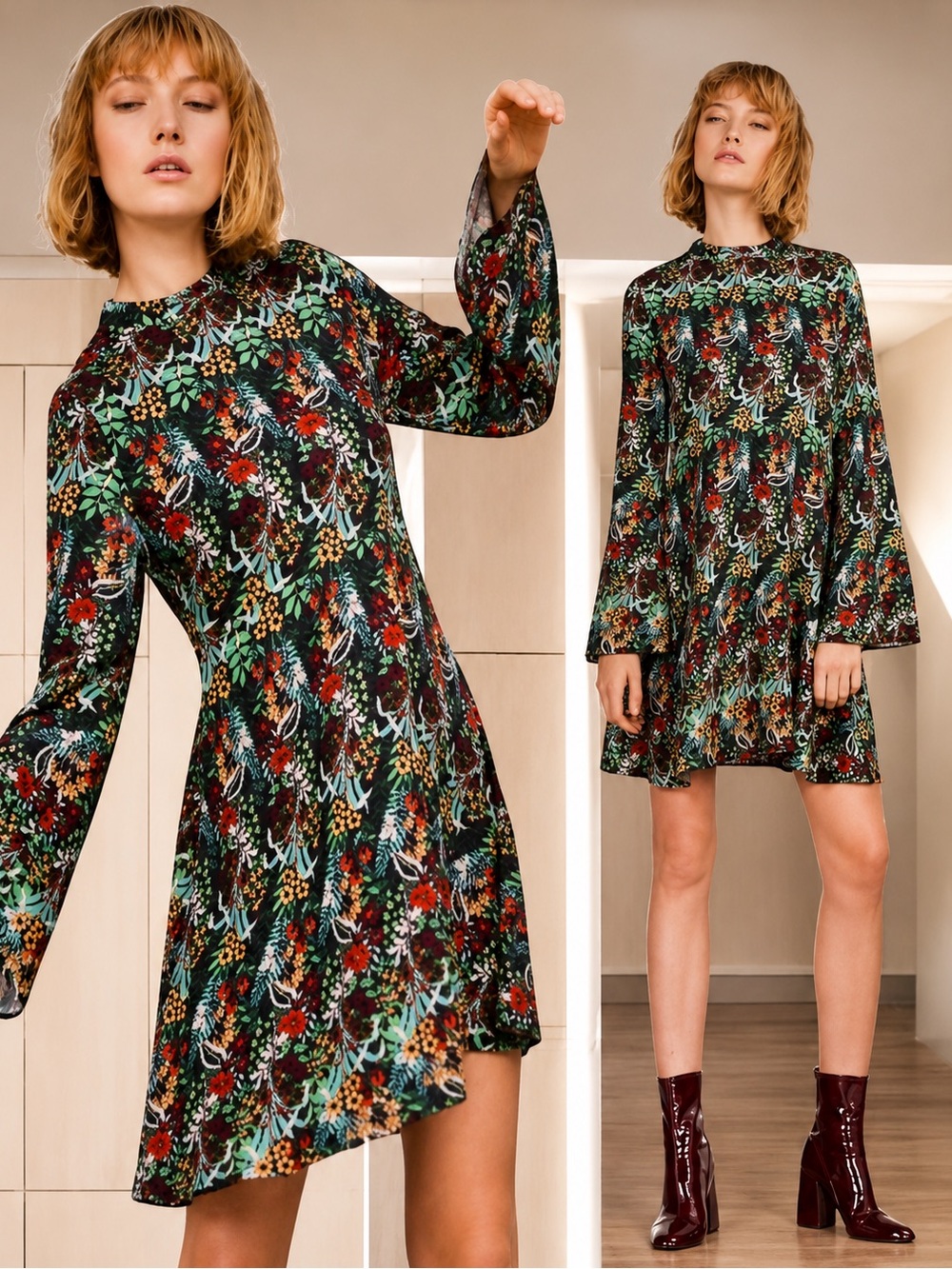 Zara Basic Floral Jersey Knit Bell Sleeve Dress size XS